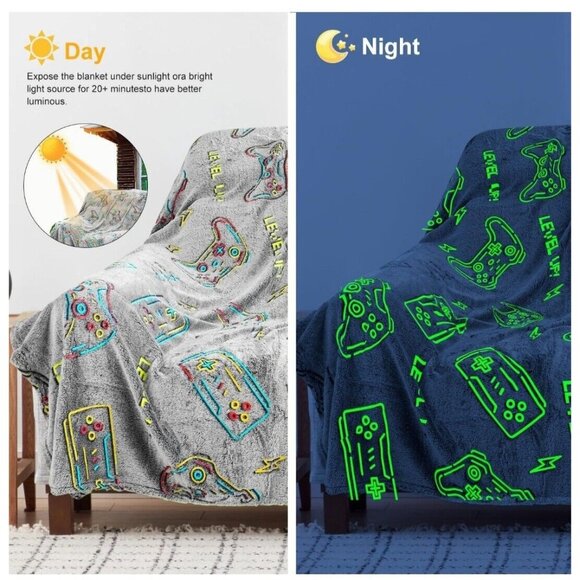 Glow In The Dark Flannel Blanket With Game Controller Design Throw 50" x 60" - Picture 2 of 6